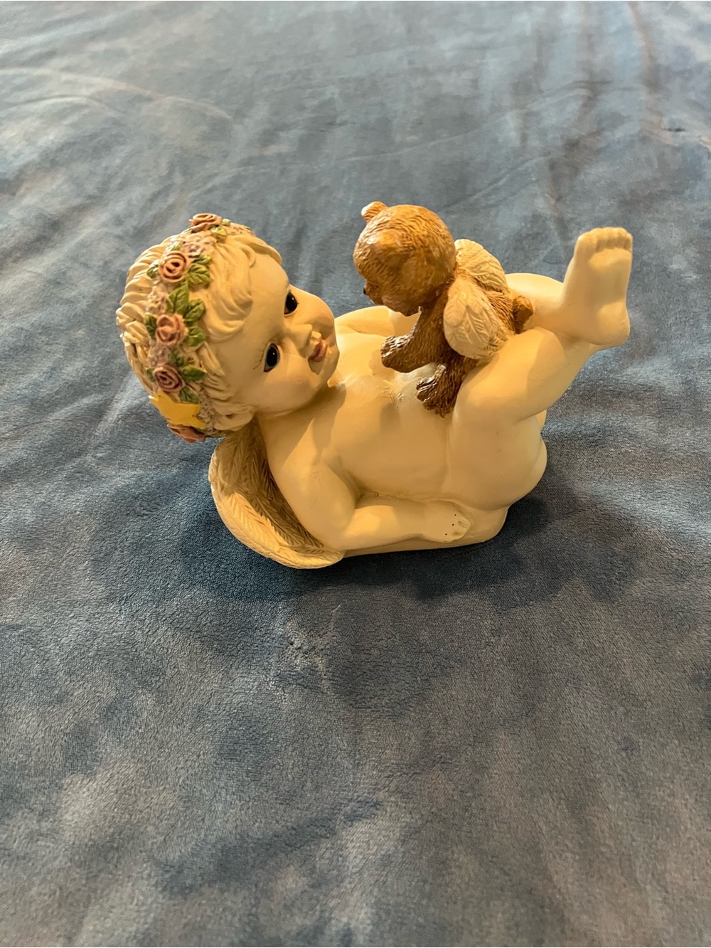 Music Box Angel with Floral Crown and Teddy - Cream and Pink Accent